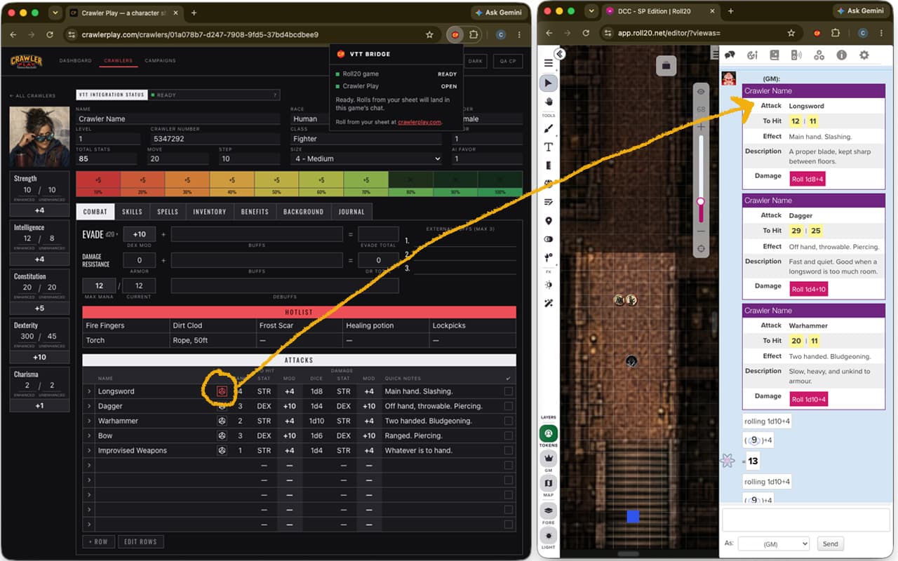 A Crawler Play character sheet beside a Roll20 game. Pressing the die on an attack row posts a card into the Roll20 chat with the attack name, the to-hit rolls, the effect and a button to roll damage.